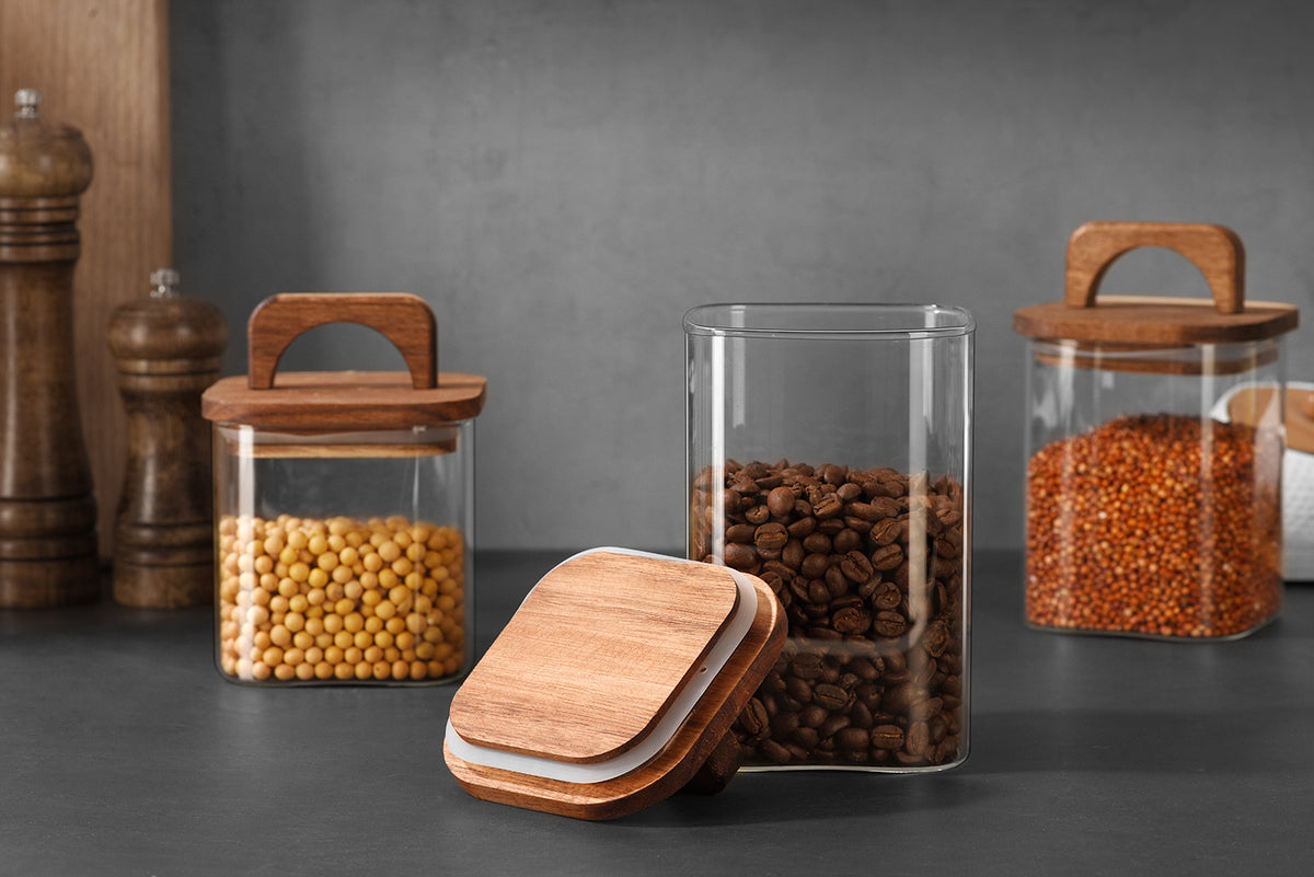 Square Storage Jar with Wooden Lid